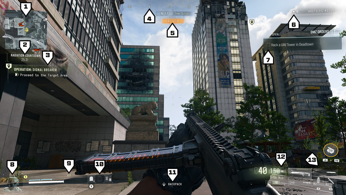 The DMZ HUD in a city street, with the compass, Threat level and mission lists