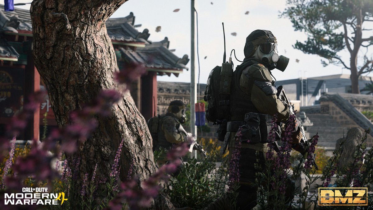 Enemy soldiers in gas masks among trees and a temple