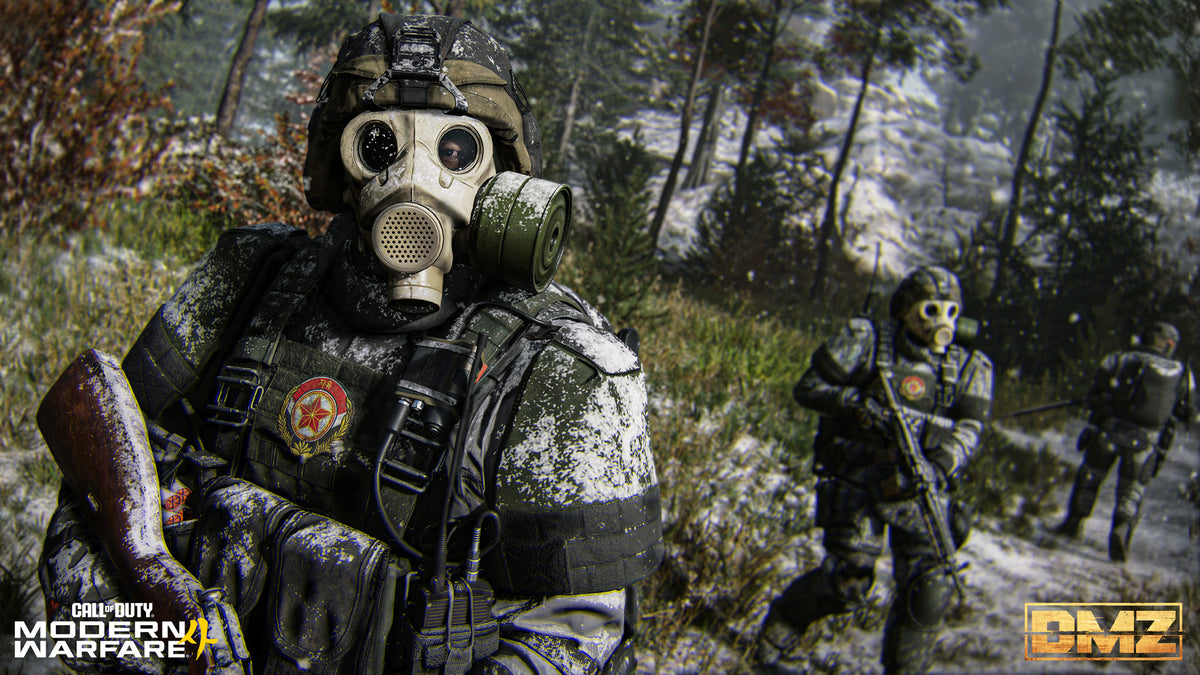 A gas-masked enemy soldier with his squad behind him