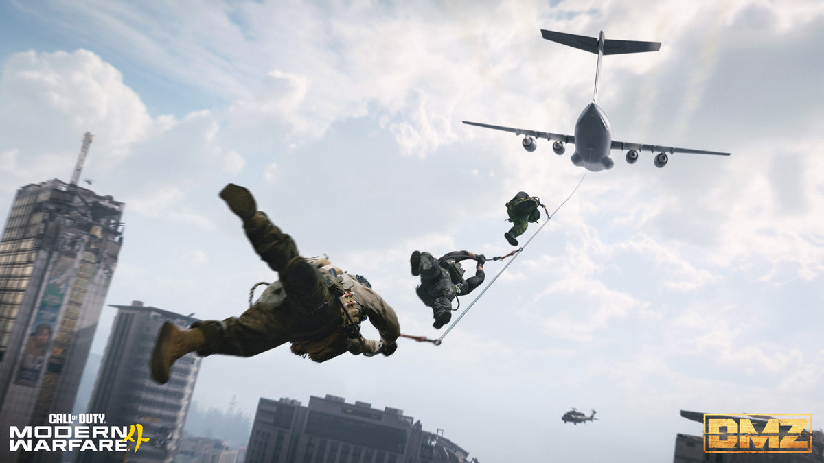 Operators skydive from a cargo plane over Hajin City