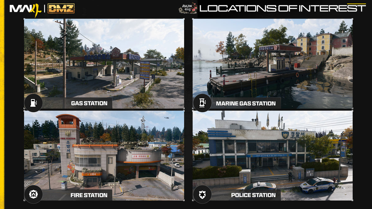 Map icons for the Gas Station, Marine Gas Station, Fire Station and Police Station