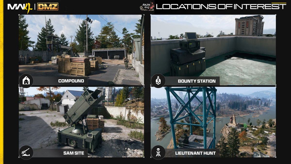 Map icons for the Compound, Bounty Station, SAM Site and Lieutenant Hunt tower