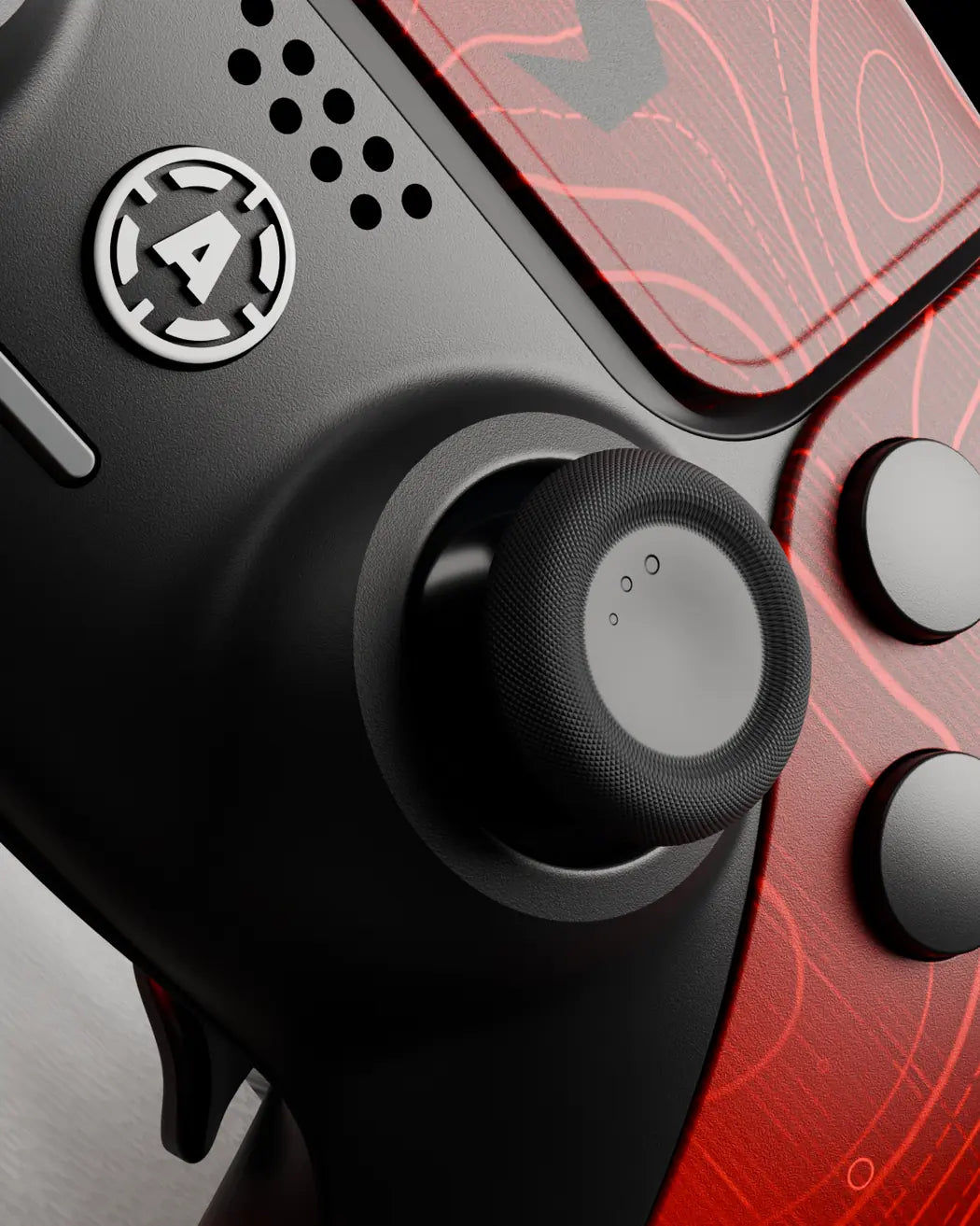 The right stick on my PS5-style controller, twisted to set its tension: Light 30 gf, Standard 50 gf, Mid 60 gf or Max 80 gf. Twist one way for more tension, the other way for less.