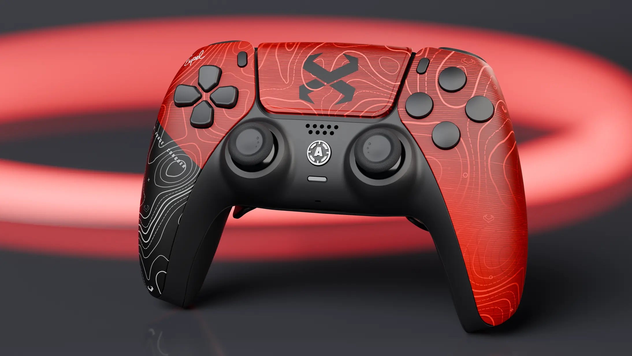 The Expel Pro+ controller in front of a red neon ring