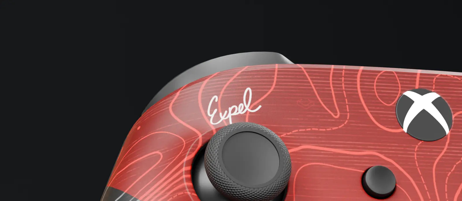 Expel signature above the left stick, next to the Xbox button