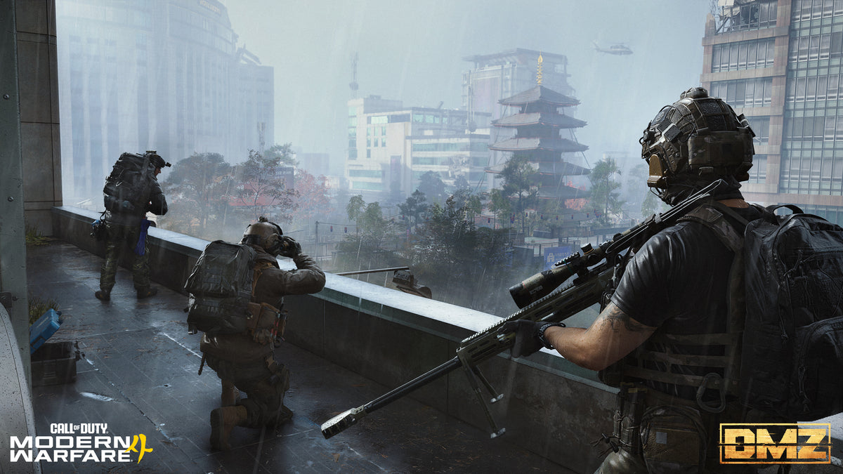 An Operator with a sniper rifle on a rooftop above Hajin City