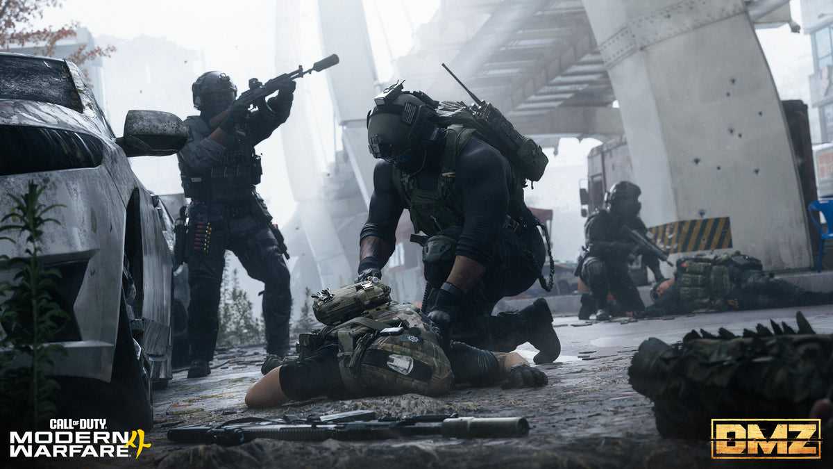 An Operator revives a downed squadmate under a bridge