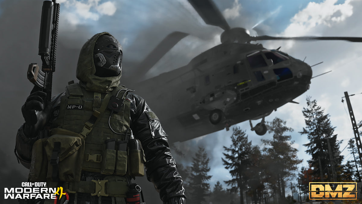 A soldier in a gas mask in front of a helicopter