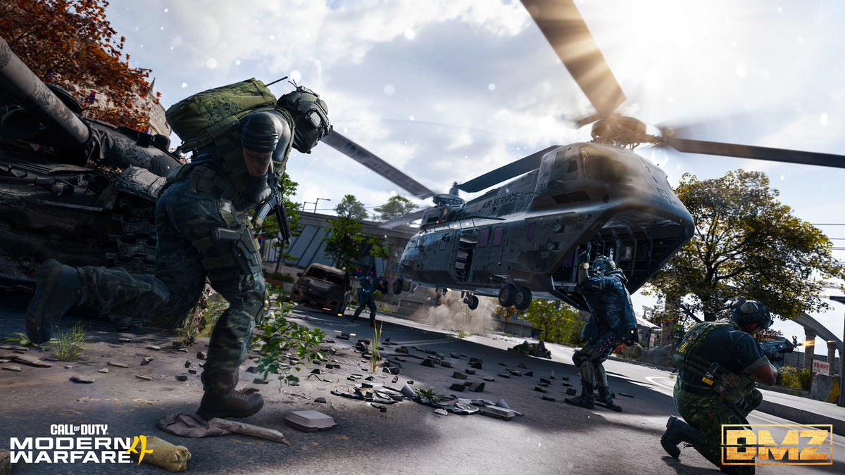 A squad runs to board a helicopter in a clearing