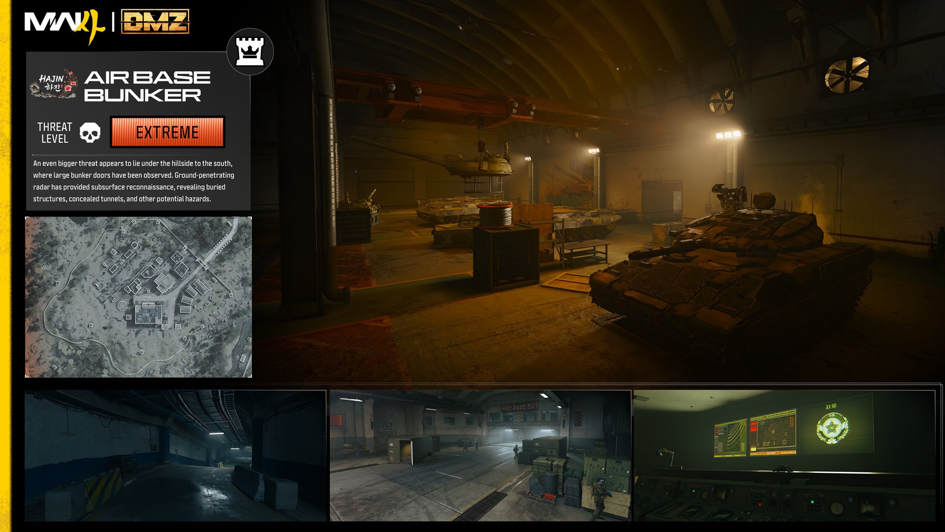 Card for the Air Base Bunker: a dim underground hangar with a tank, a small map and three tunnel shots
