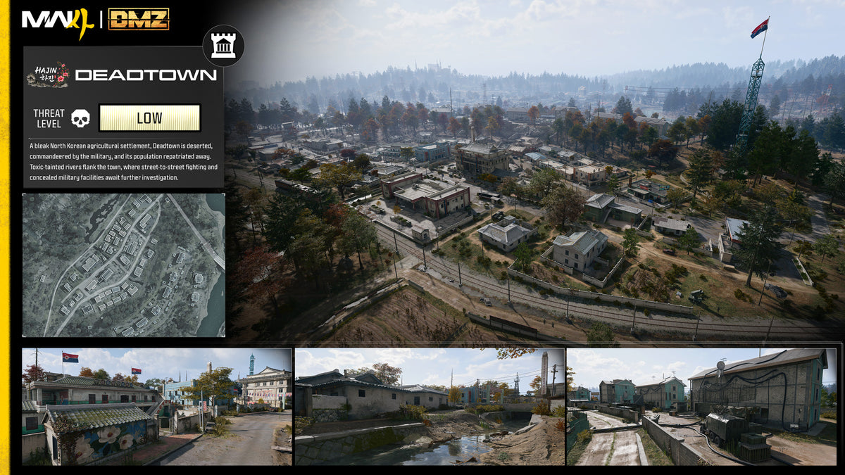 Card for Deadtown: an aerial view of the town, a small map and three street-level shots
