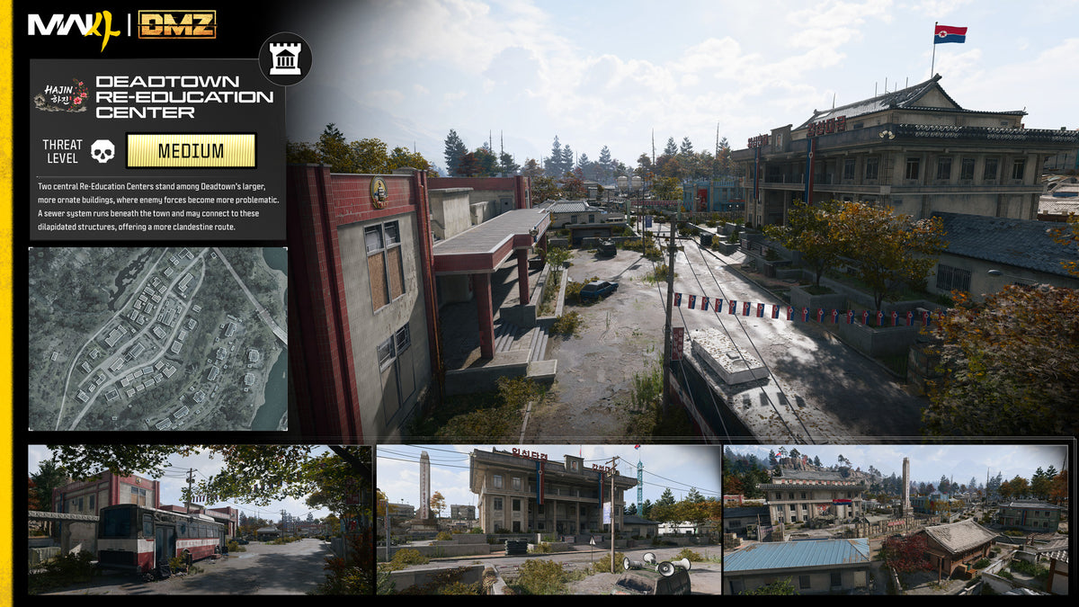 Card for the Deadtown Re-Education Center: a view of a large building, a small map and three close-up shots
