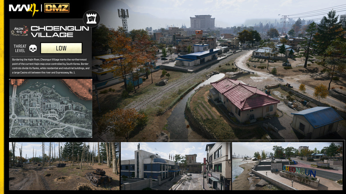 Card for Cheongun Village: an aerial view of the village and river, a small map and three street-level shots