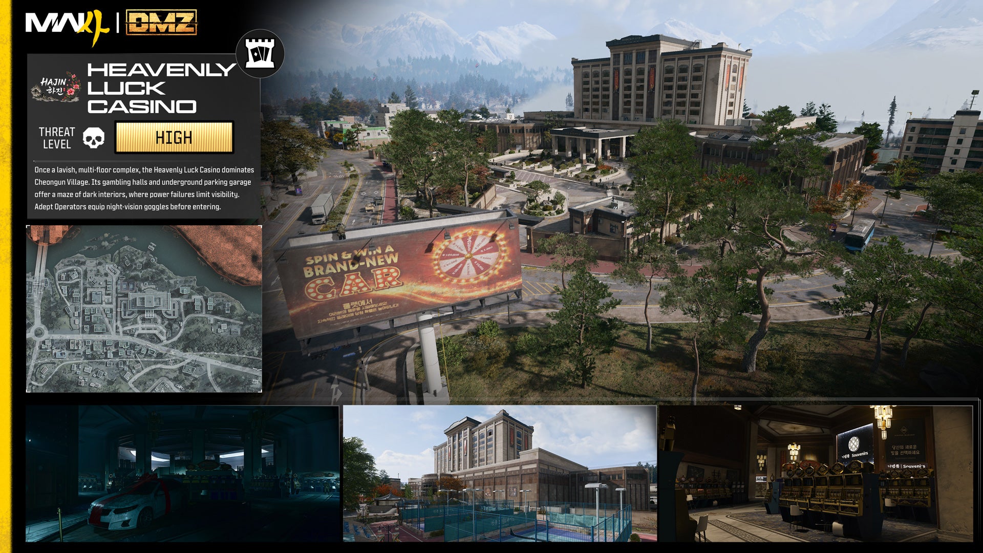 Card for the Heavenly Luck Casino: a view of the large hotel-casino building, a small map and three interior shots