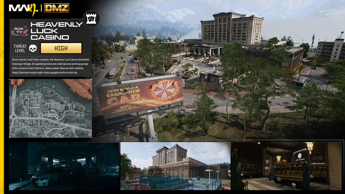 Card for the Heavenly Luck Casino: a view of the large hotel-casino building, a small map and three interior shots