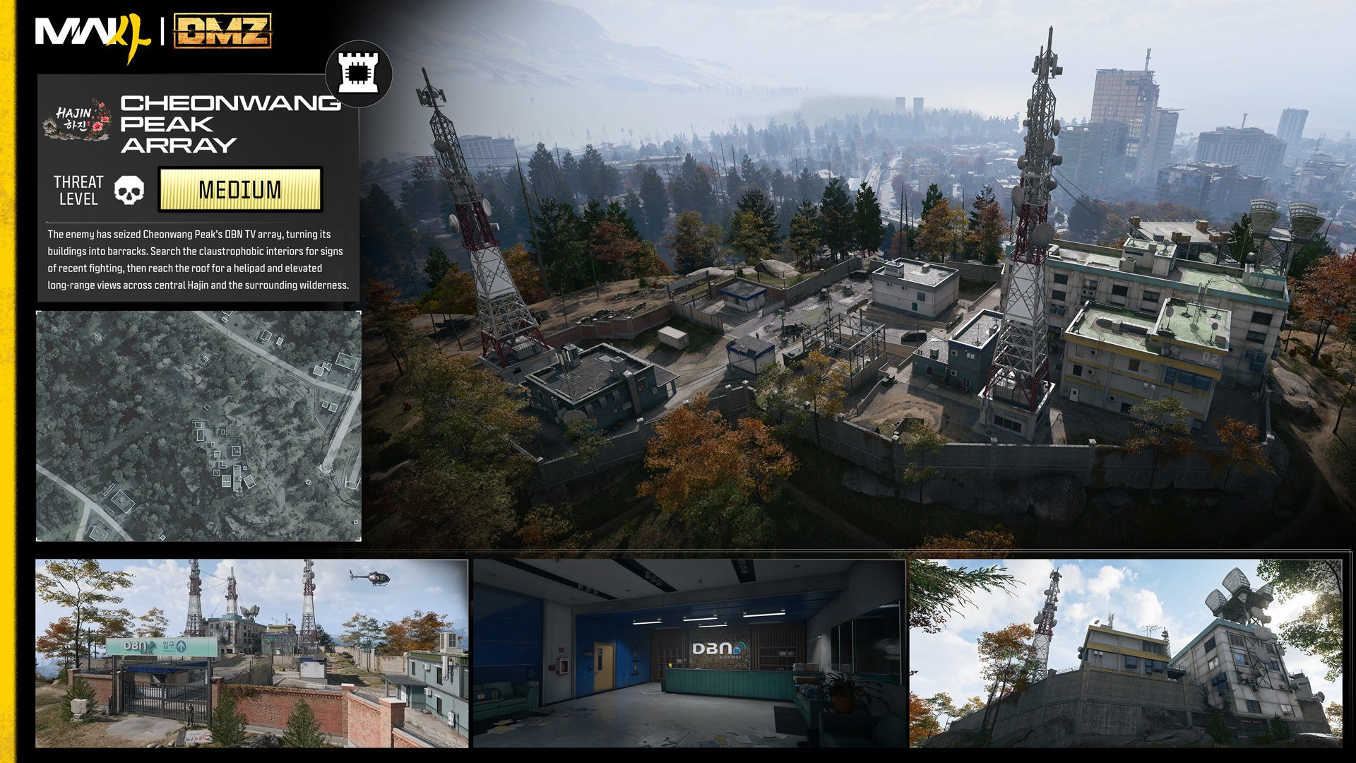 Card for Cheonwang Peak Array: a view of a tall radio mast on a summit, a small map and three close-up shots