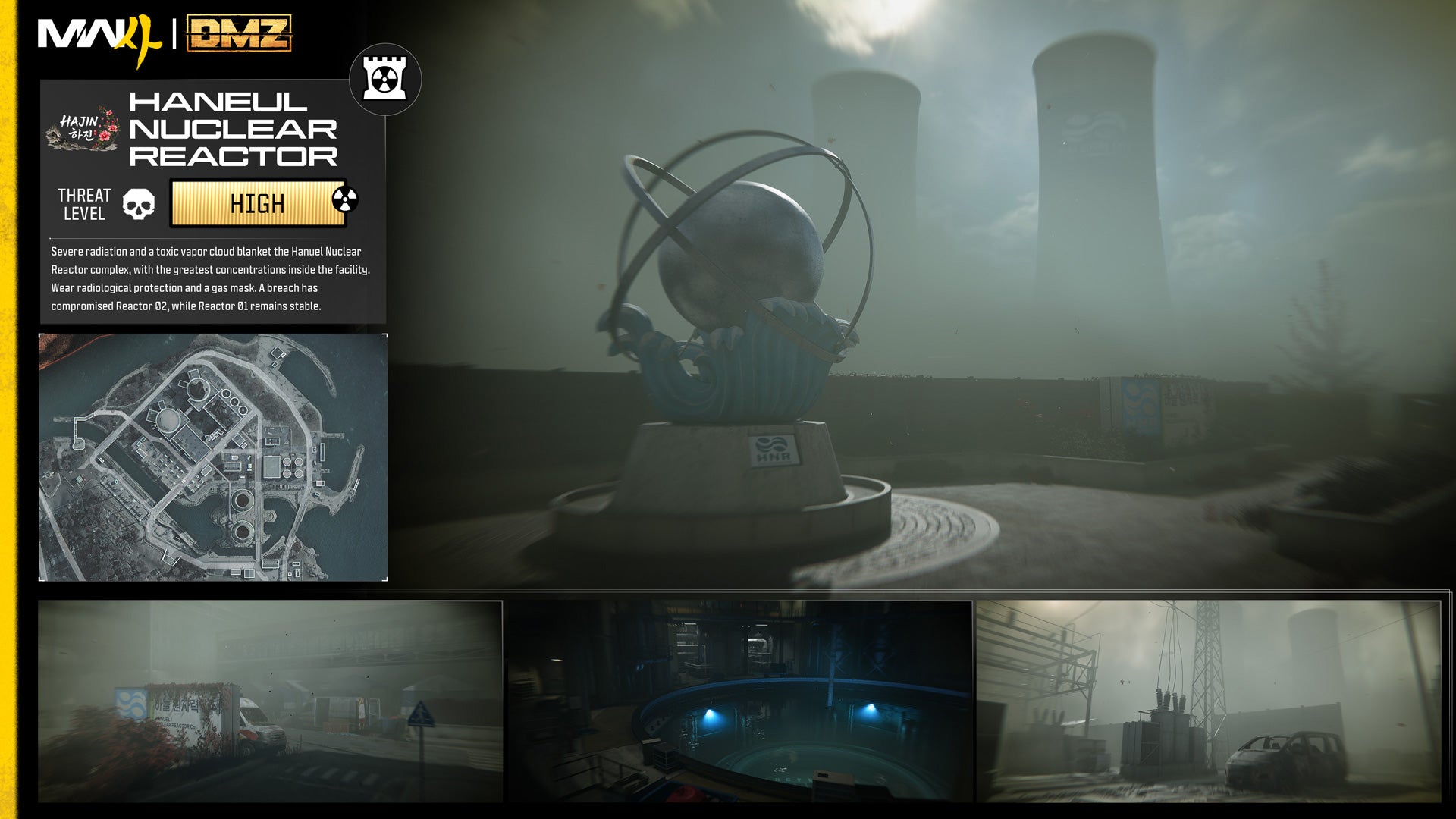 Card for the Haneul Nuclear Reactor: cooling towers in fog, a small map and three close-up shots