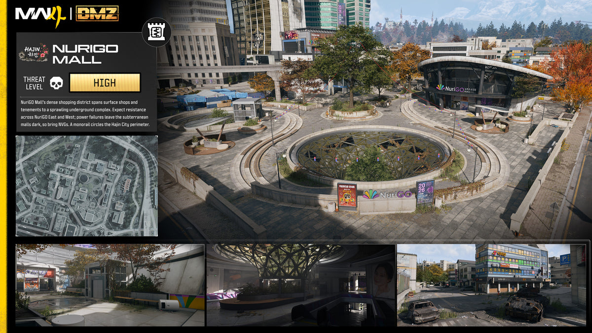 Card for NuriGO Mall: a view of a circular courtyard, a small map and three shopping-area shots