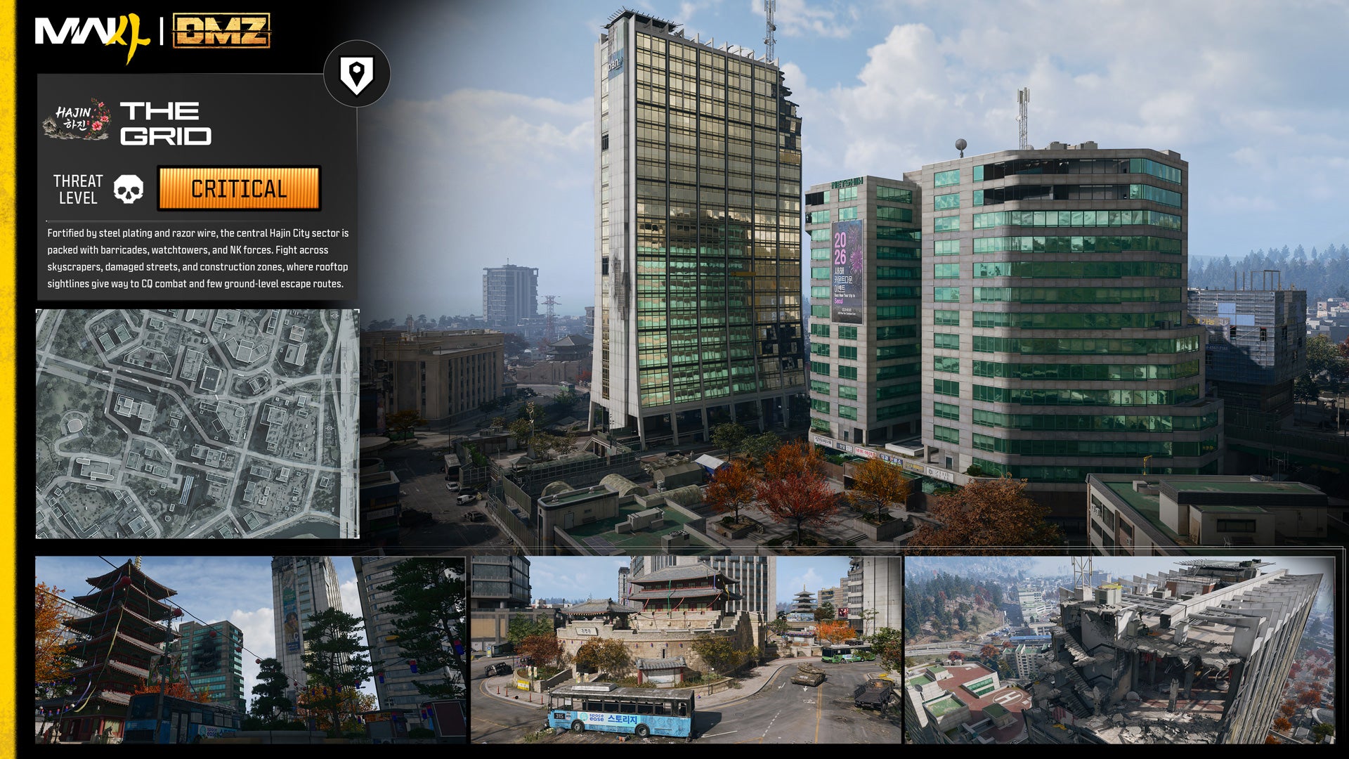 Card for The Grid: a view of tall glass towers, a small map and three city-street shots