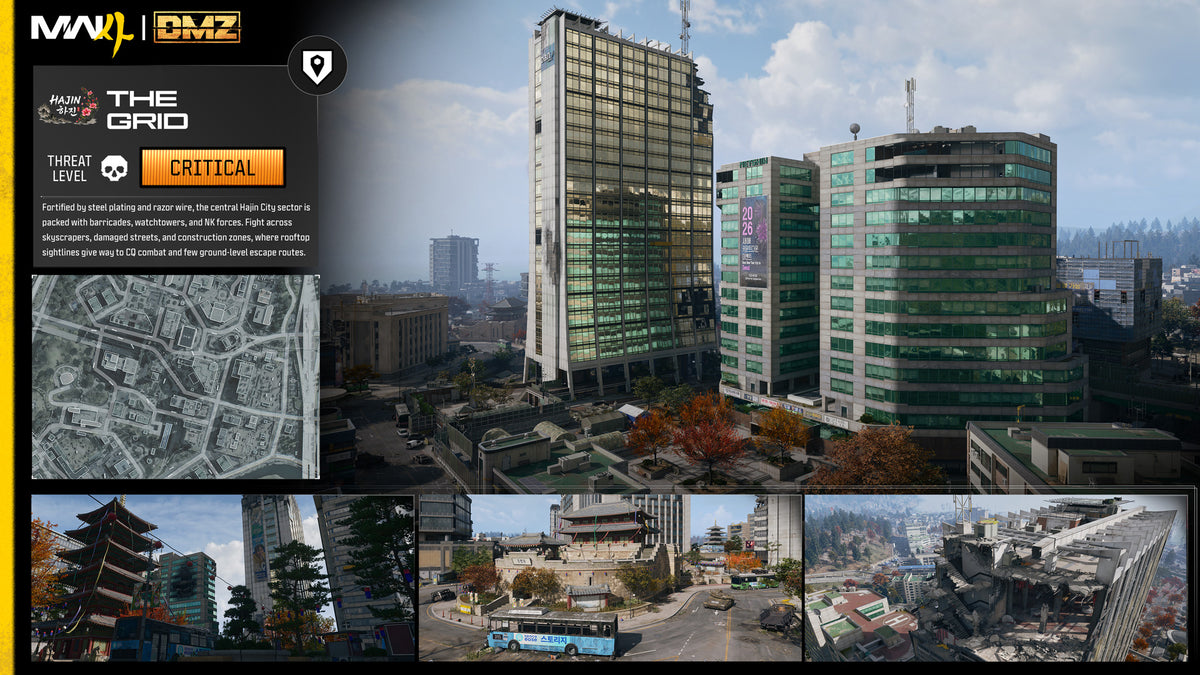 Card for The Grid: a view of tall glass towers, a small map and three city-street shots