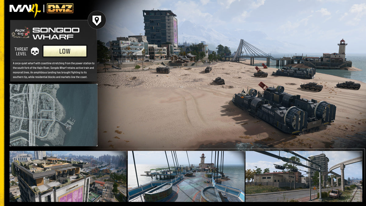 Card for Songdo Wharf: a beach with a landing craft and a bridge, a small map and three harbor shots