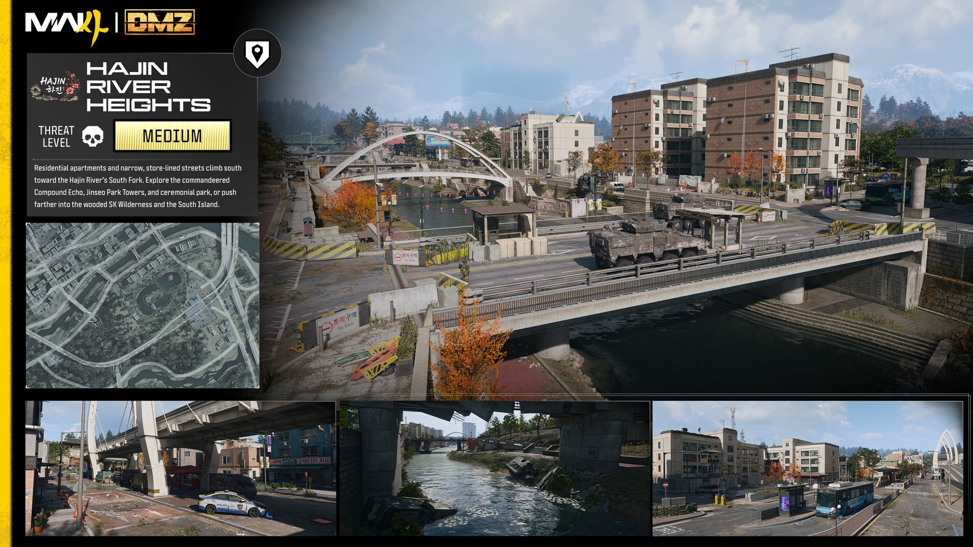 Card for Hajin River Heights: a view of a green bridge and apartment blocks, a small map and three close-up shots