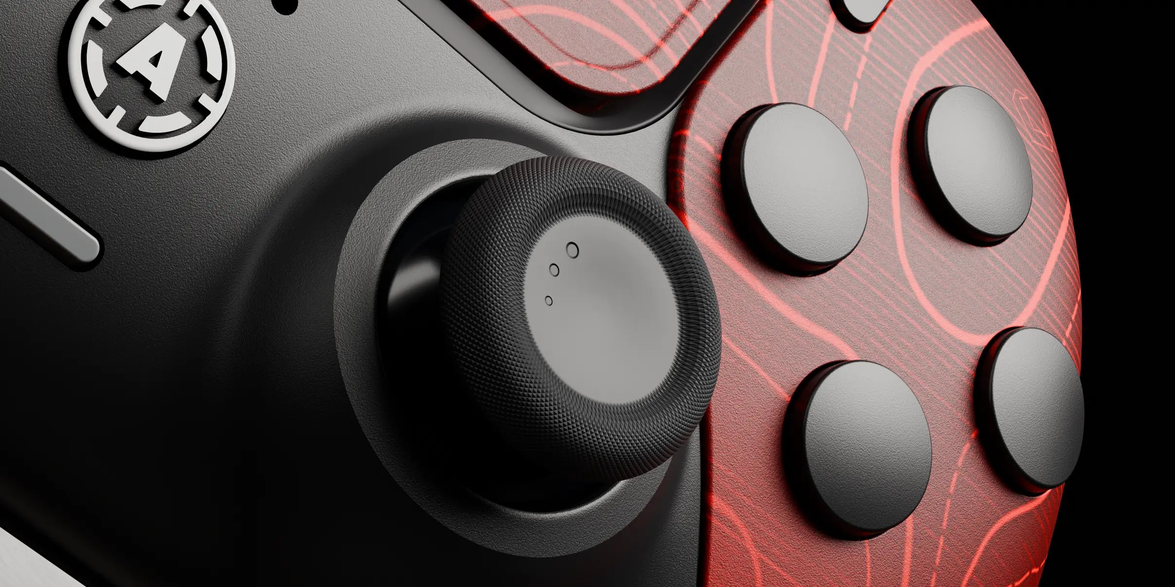 The right stick on my PS5-style controller, twisted to set its tension: Light 30 gf, Standard 50 gf, Mid 60 gf or Max 80 gf. Twist one way for more tension, the other way for less.
