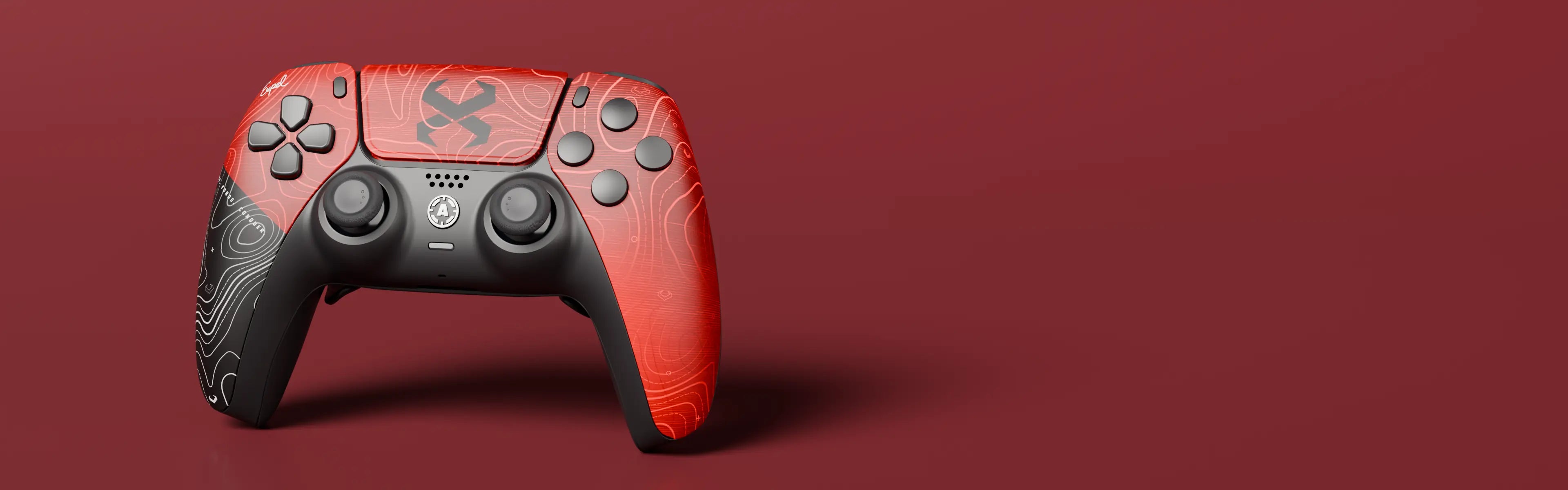 The PS5-style Expel Pro+ on a seamless oxblood backdrop: red topographic front shell, matte black grips